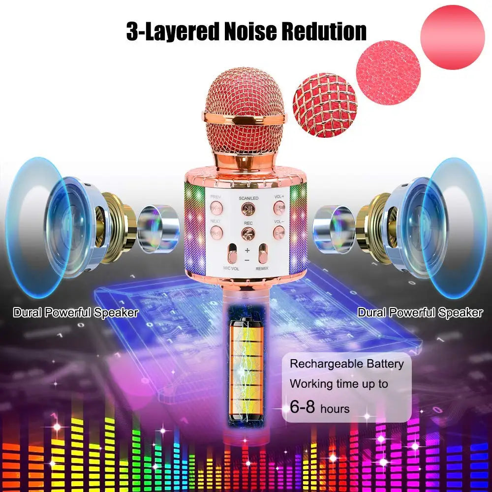 Wireless Karaoke Microphone Bluetooth Handheld Portable Speaker Home KTV Player with Dancing LED Lights Record Function for Kids