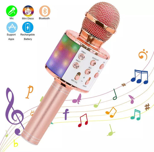 Wireless Karaoke Microphone Bluetooth Handheld Portable Speaker Home KTV Player with Dancing LED Lights Record Function for Kids