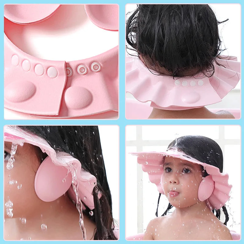 Cute Baby Bath Shower Cap Adjustable Kids Infant Girl Boy Ear Protection Shampoo Cap Children Hair Wash Hat Head Cover